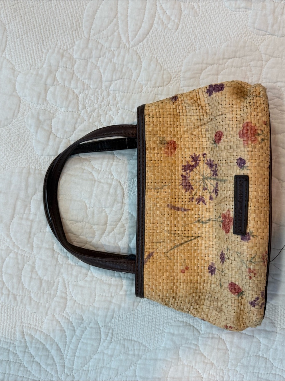Mini Liz Claiborne Straw Tote with Brown Trim and Floral Accents
